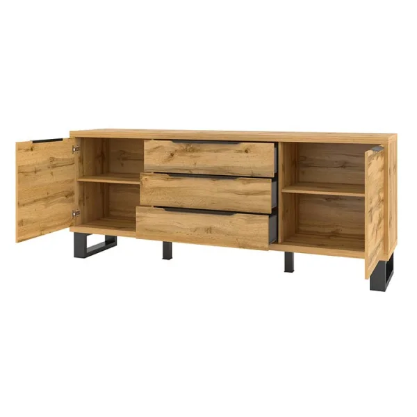 Credenza moderna 2 ante 3 cassetti 201x83cm quercia metallo nero Petra