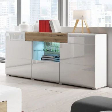 Credenza 159x83cm 3 ante 1 cassetto bianco lucido rovere Tahiti