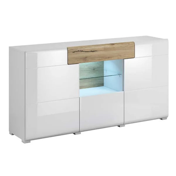 Credenza 159x83cm 3 ante 1 cassetto bianco lucido rovere Tahiti