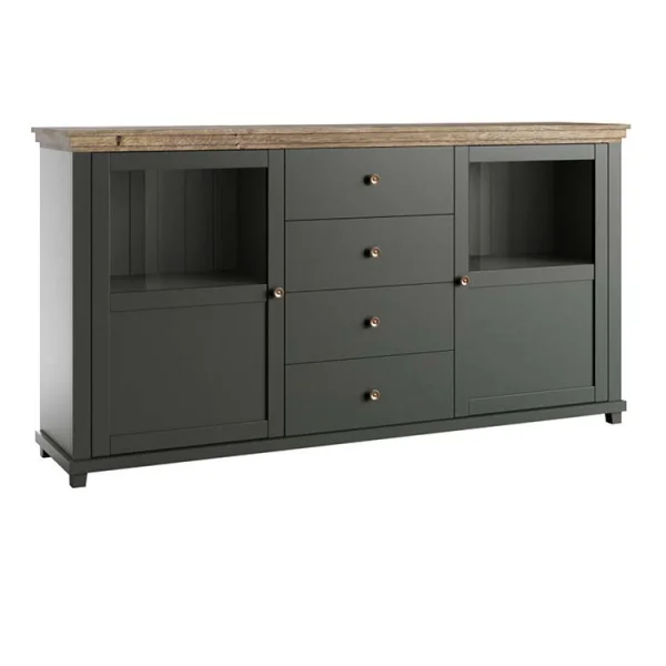 Credenza 181x93cm 2 ante con vetro 4 cassetti verde quercia Texel