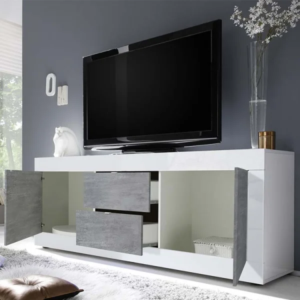 Mobile porta tv 210x66cm 2 ante 2 cassetti bianco lucido cemento Eternity