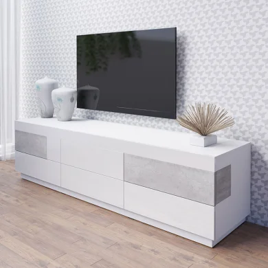 Mobile porta tv moderno 6 cassetti 206x54cm bianco lucido cemento Bahama