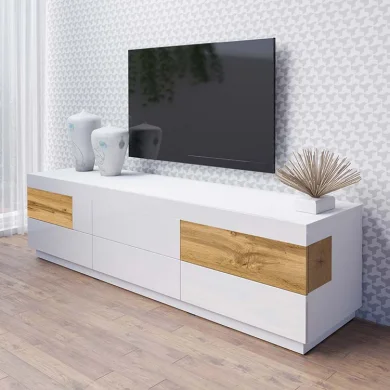 Mobile porta tv 6 cassetti 206x54cm bianco lucido rovere Bahama