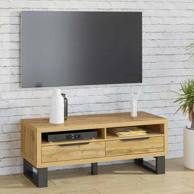 Mobile porta tv 2 cassetti 124x50cm quercia metallo nero Petra