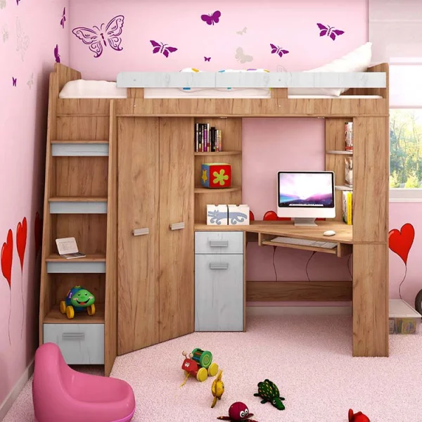 Cameretta 204x120cm bambini completa sinistra 1 letto singolo rovere miele bianco frassinato Dollie Gihome®