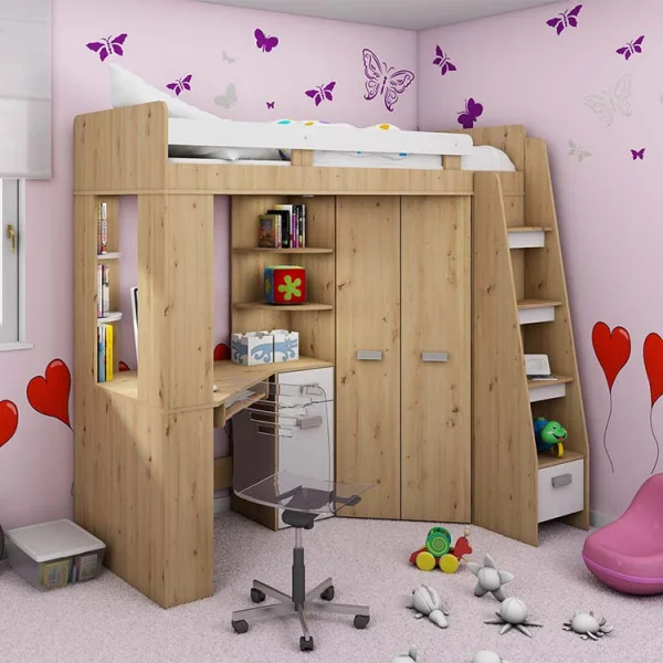 Cameretta 204x120cm completa destra 1 letto singolo quercia bianco Dollie Gihome®