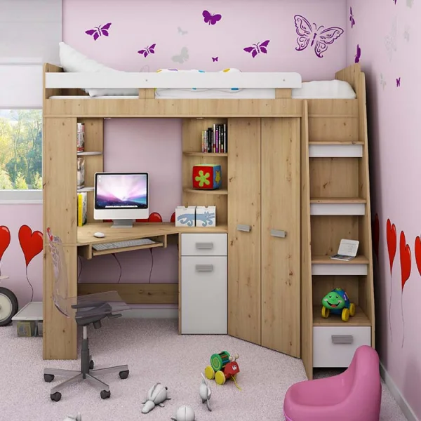 Cameretta 204x120cm completa destra 1 letto singolo quercia bianco Dollie Gihome®