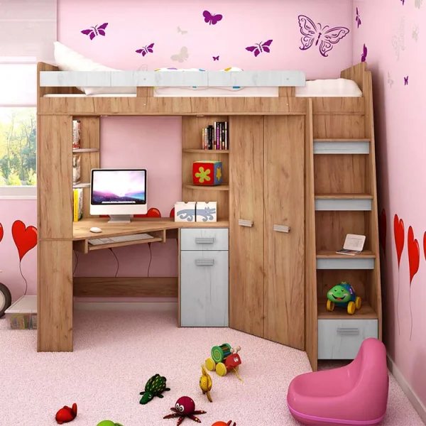 Cameretta 204x120cm bambini completa destra 1 letto singolo rovere miele bianco frassinato Dollie Gihome®