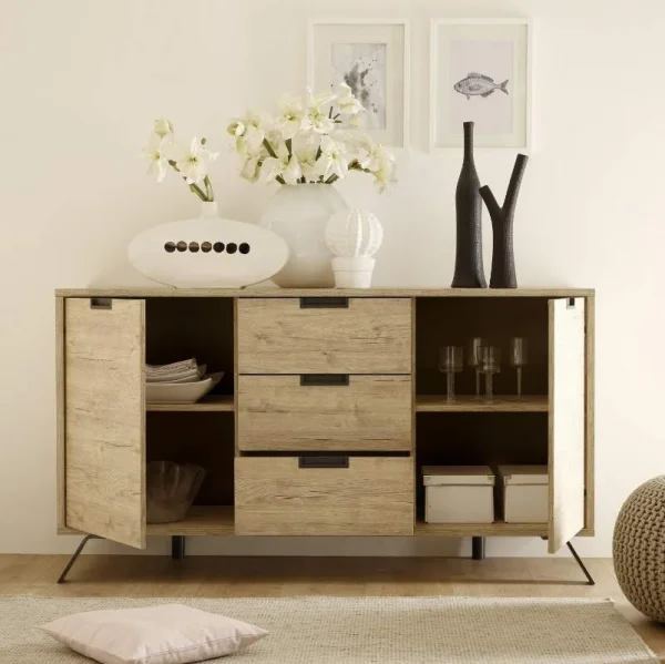 Credenza 156x86cm moderna 2 ante 3 cassetti sherwood oak Juvena