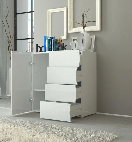 Credenza 90x81cm soggiorno 1 anta 4 cassetti bianco lucido Sea Gihome®