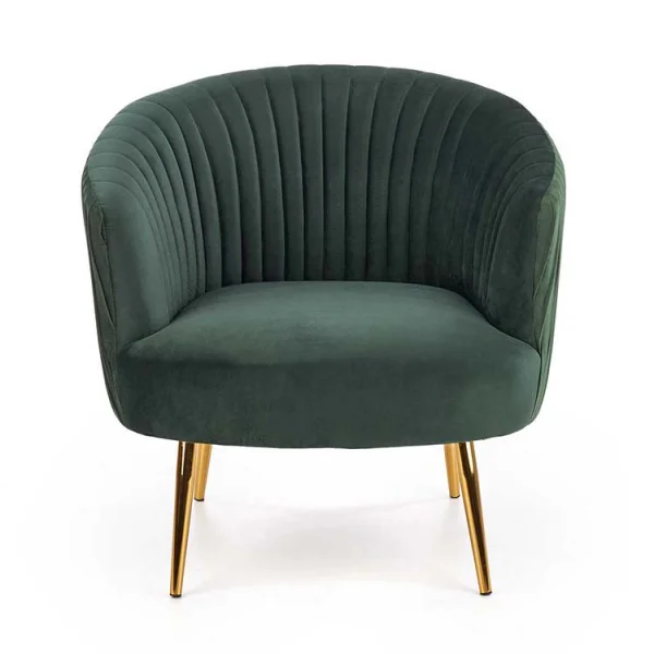 Poltroncina design in velluto verde con gambe oro Romance