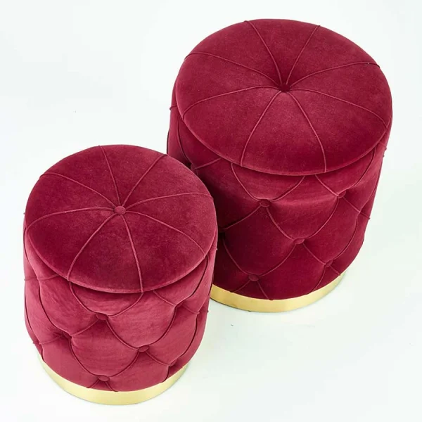 Set 2 pouf moderno contenitore in velluto bordeaux Emil