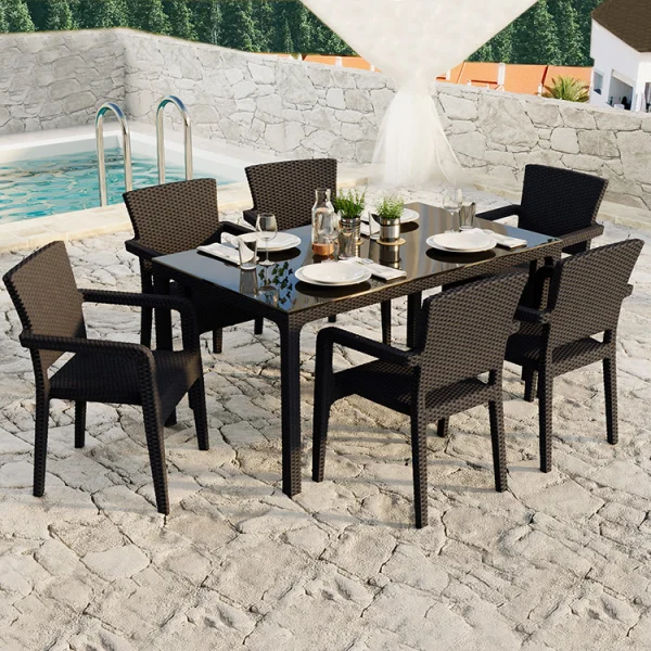 Tavolo 150x90cm da giardino esterno bar dehors polipropilene effetto rattan marrone e vetro Ezio