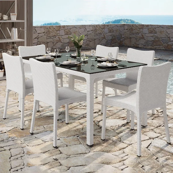 Tavolo 150x90cm da giardino esterno bar dehors polipropilene effetto rattan bianco e vetro Ezio