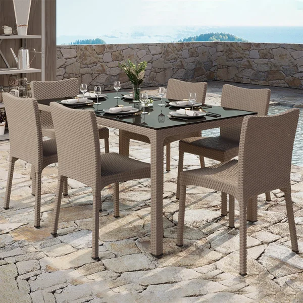 Tavolo 150x90cm da giardino esterno bar dehors polipropilene effetto rattan tortora e vetro Ezio