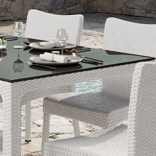 Tavolo da giardino esterno bar dehors 90x90cm polipropilene effetto rattan bianco e vetro Claro