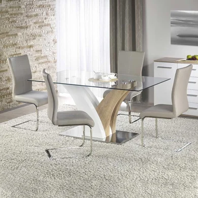 Tavolo 160x90cm in vetro moderno bianco rovere acciaio Horus