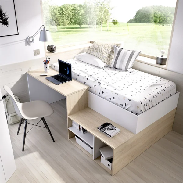 Letto singolo 90x190cm con cassetti e scrivania bianco rovere Adrian