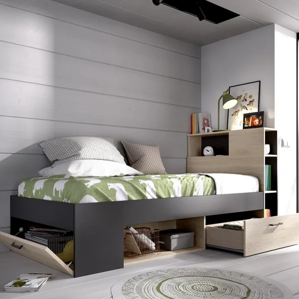 Letto singolo 90x190cm con cassettoni e libreria rovere grafite Derby