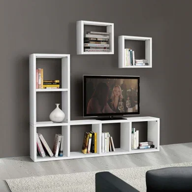 Mobile porta tv 175x132cm con libreria bianco frassinato Kubic 02