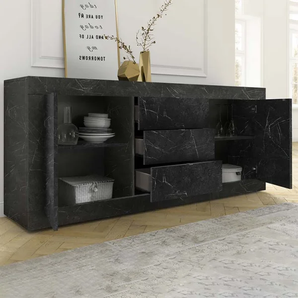 Madia 210x86cm soggiorno 2 ante 3 cassetti effetto marmo nero Eternity