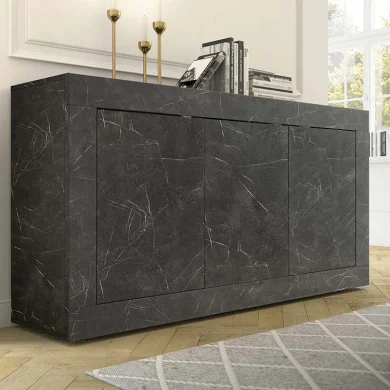 Madia 160x86cm moderna 3 ante soggiorno effetto marmo nero Eternity