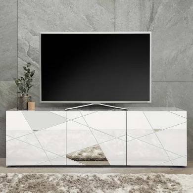 Mobile porta tv 181x57cm bianco lucido specchio con serigrafia Olimpo