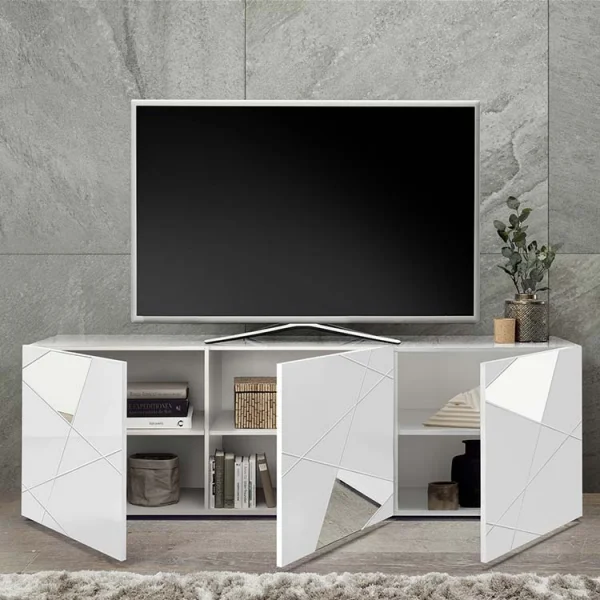 Mobile porta tv 181x57cm bianco lucido specchio con serigrafia Olimpo