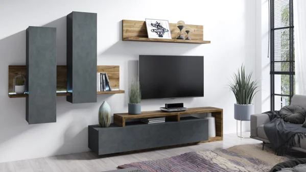 Mobile porta tv 219x52cm design antracite spatolato noce Megan Gihome®