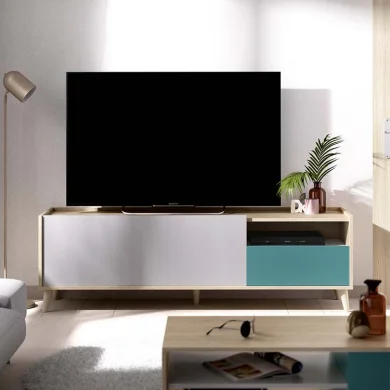 Mobile porta tv moderno 155x47cm rovere grigio bianco petrolio Dominic