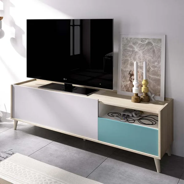 Mobile porta tv moderno 155x47cm rovere grigio bianco petrolio Dominic