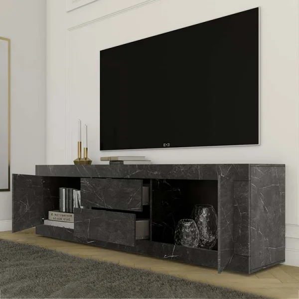 Mobile porta tv 210x66cm 2 ante 2 cassetti effetto marmo nero Eternity