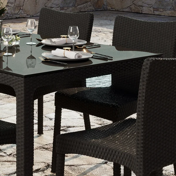 Tavolo da giardino esterno bar dehors 90x90cm polipropilene effetto rattan marrone e vetro Claro