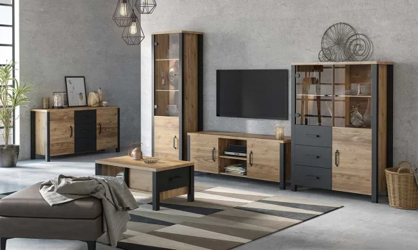 Credenza 147x79cm moderna 2 ante 3 cassetti quercia nero opaco Nebraska