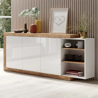 Credenza 180x86cm moderna 3 ante bianco lucido rovere Aria