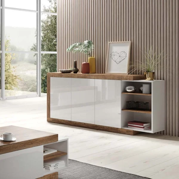 Credenza 180x86cm moderna 3 ante bianco lucido rovere Aria