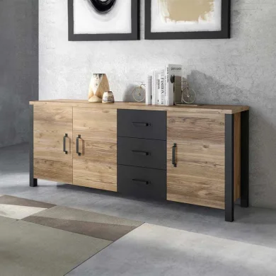 Credenza 192x79cm moderna 3 ante 4 cassetti quercia nero opaco Nebraska