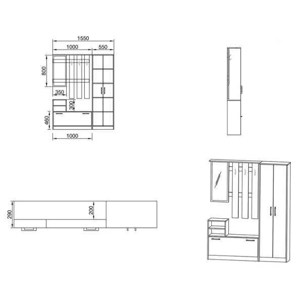 Mobile 155x190cm ingresso con specchio rovere Atlanta