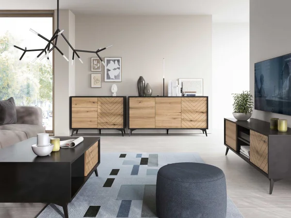 Credenza 104x77cm moderna soggiorno quercia nero 3 cassetti Becca