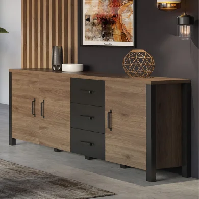 Credenza 192x79cm bassa 3 ante rovere scuro nero Nebraska