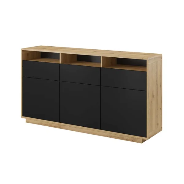 Credenza 180x96cm moderna 3 ante 3 cassetti nero opaco rovere Esmond