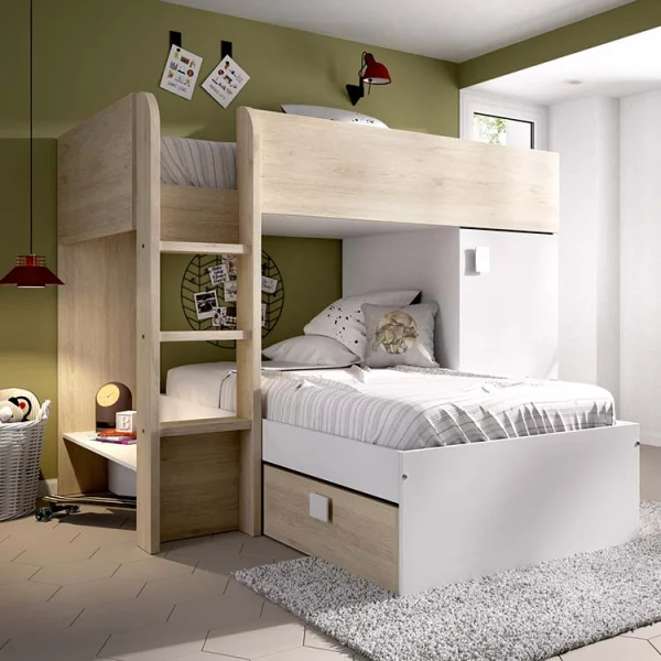 Letto a castello per bambini con armadio 255x112cm rovere bianco Sole