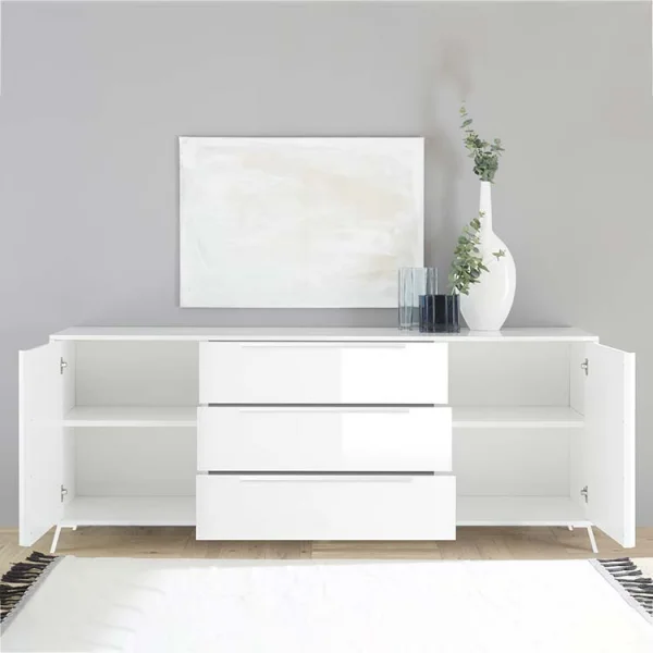 Madia moderna soggiorno 205x84cm 2 ante 3 cassetti bianco lucido Tosca