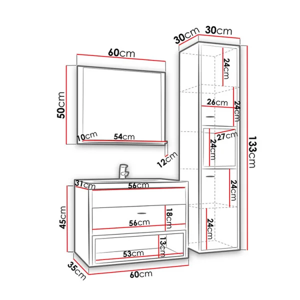 Mobile bagno 100x133cm sospeso moderno bianco rovere Florentina