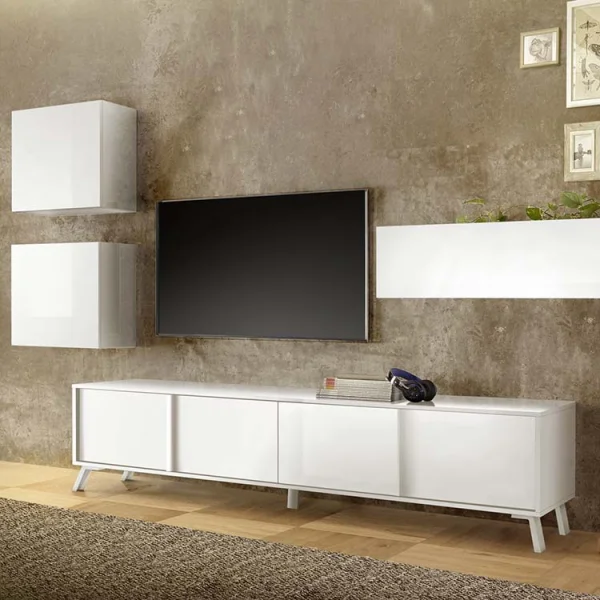 Mobile porta tv 205x48cm 4 ante bianco lucido Tosca