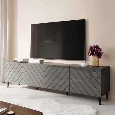 Mobile porta tv 200x52cm moderno con frontale decorato grigio lucido Placida