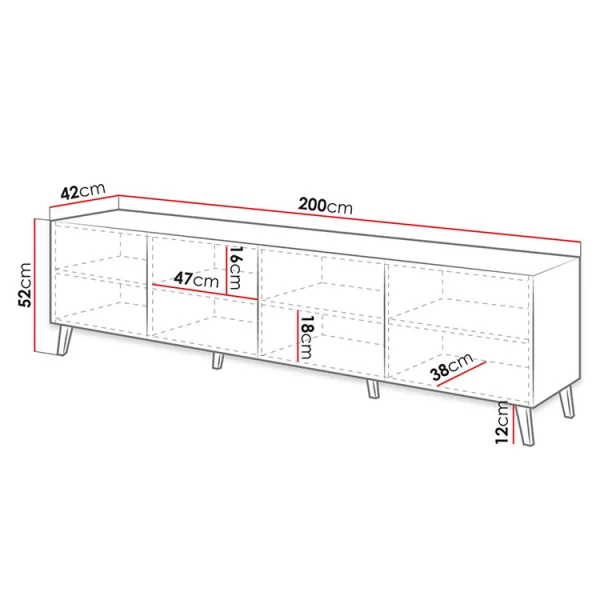 Mobile porta tv 200x52cm moderno con frontale decorato grigio lucido Placida