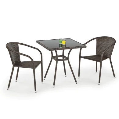 Set tavolo in vetro 70x70cm + 2 sedie da giardino in rattan marrone Cubby