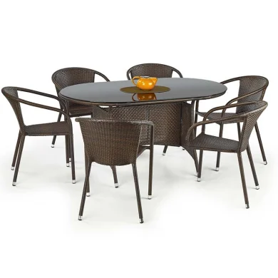 Set tavolo in vetro 150x90cm + 6 sedie da giardino in rattan marrone acciaio cromato Cubby