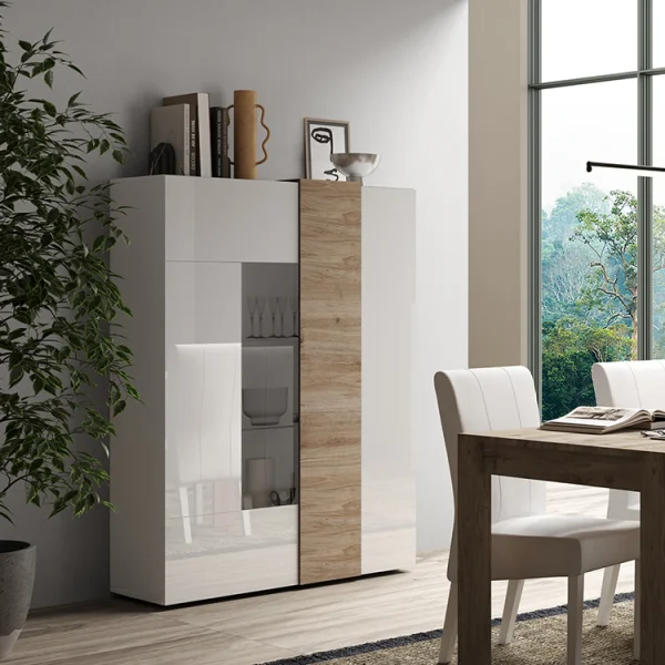 Vetrina 121x168cm moderna 2 ante bianco lucido rovere Universal